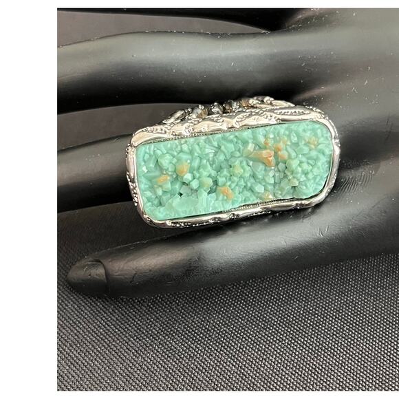 Boho Statement Ring Turquoise Style Inlay Silver Tone Filigree Size 8 - Picture 7 of 8